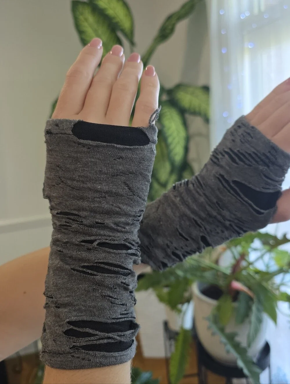 Gray Distressed Fingerless Arm Warmers Gloves Goth Grunge Punk